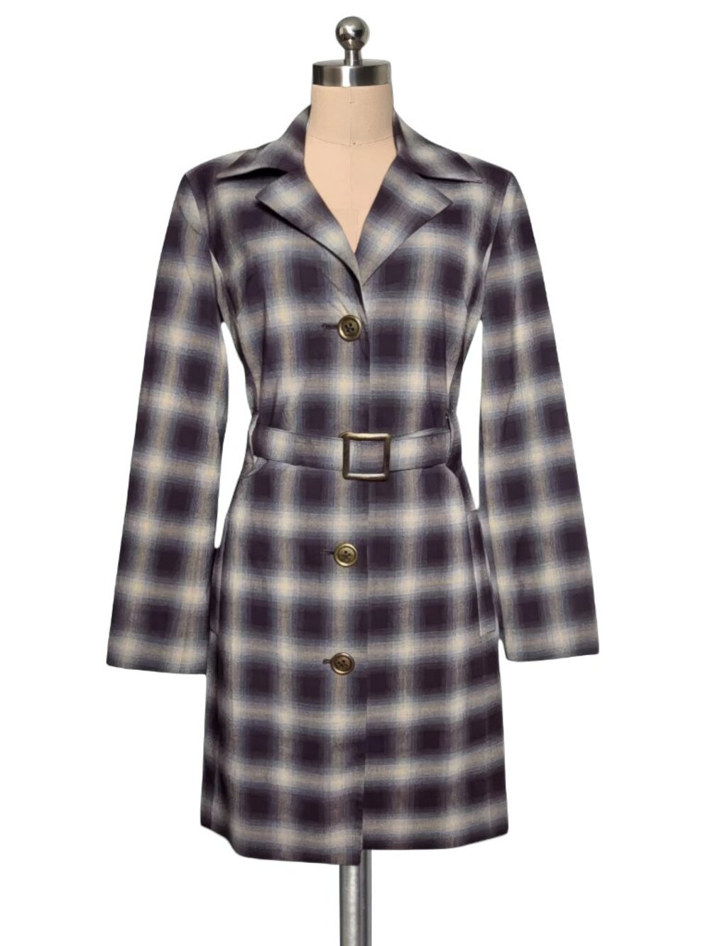 SIGNATURE By Larry Levine Black Blue Print Plaid Belted Lined Coat 8